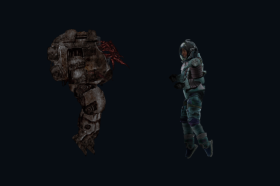 A Husk Exosuit compared to a Human