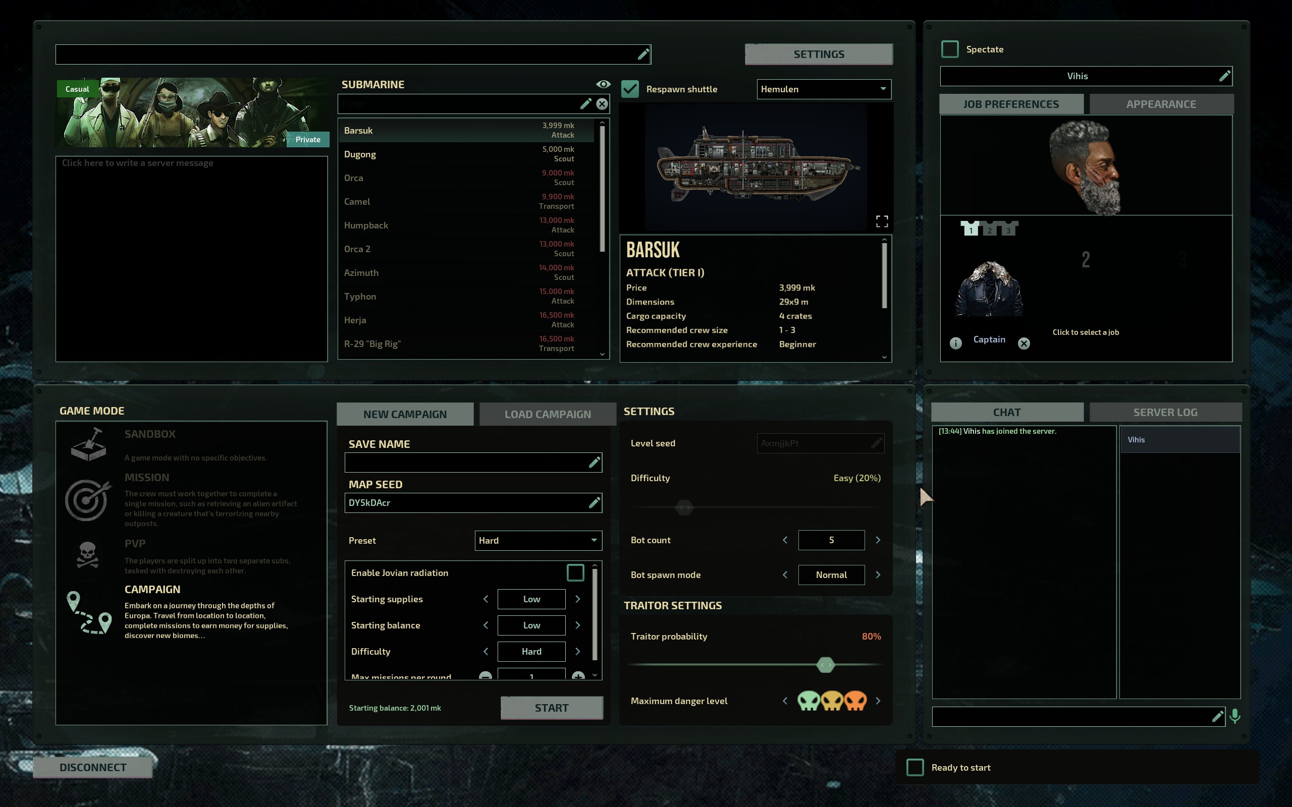 Barotrauma traitor mode enabled in campaign example